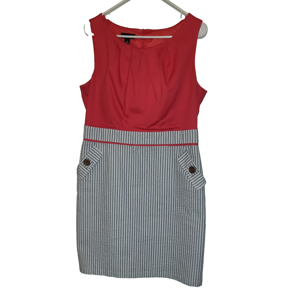 Alyx Seersucker Dress Sz 14 Red Gray Nautical Pockets Boating Lined Sleeveless